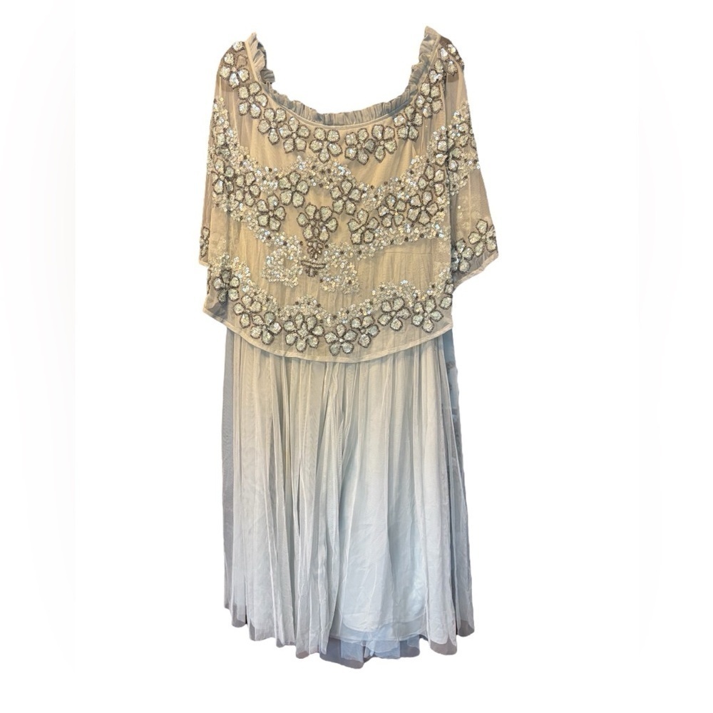 NWT Maya Deluxe Silver Gray Tulle Beaded Dress with Overlay Off the Shoulder 14